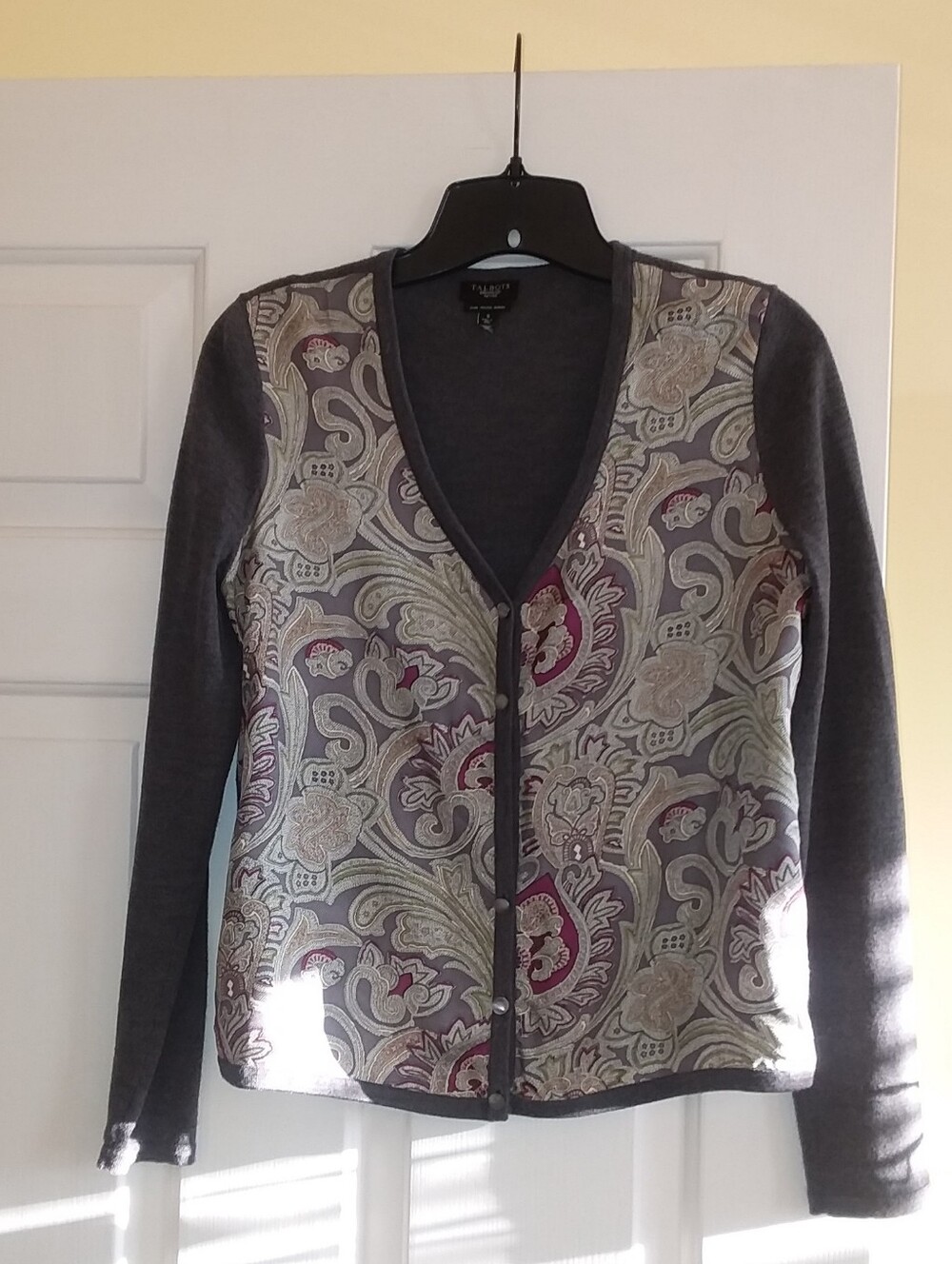 Talbots Charcoal Gray V-Neck Cardigan with Paisley Front S
